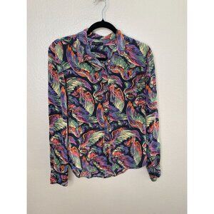 True Religion Womens Black Multicolor Silk Button-Up Blouse Size M Collared